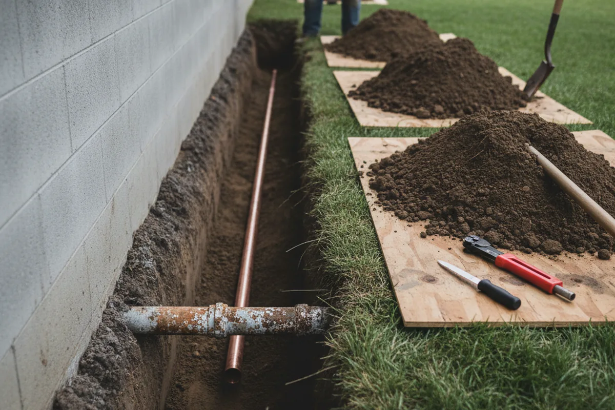 Excavated water line trench during Water Softener Installation in Pomaria
